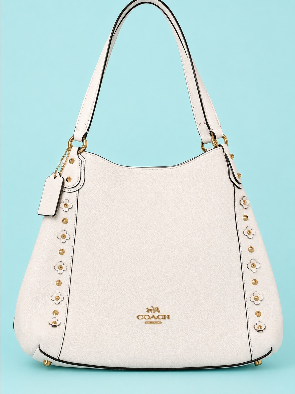 Coach Factory Edie White Pebble Leather Floral Stud Shoulder Tote Bag